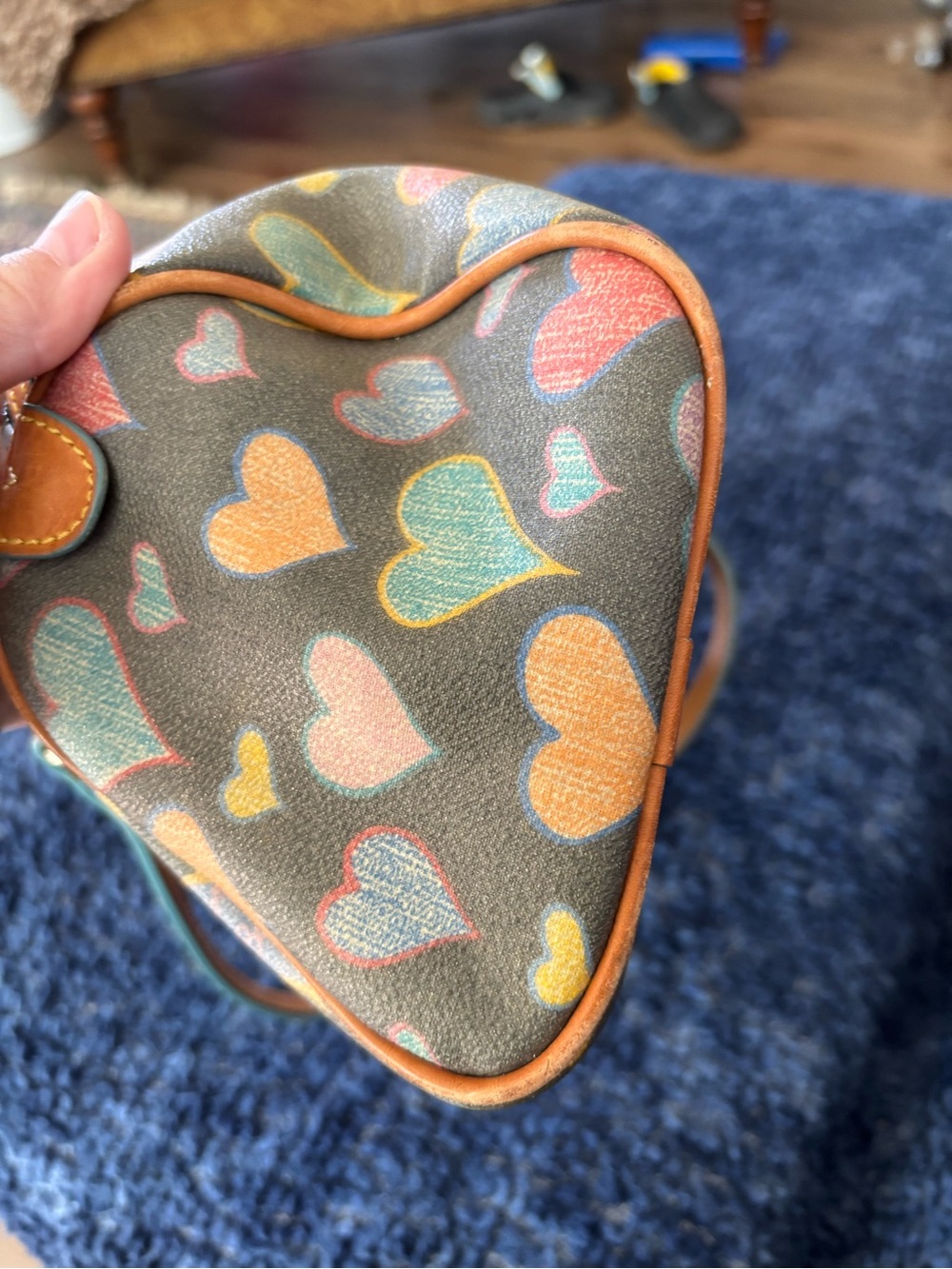 Dooney & Bourke Multicolor Heart Print Barrel Bag with Tan Trim - Picture 7 of 8
